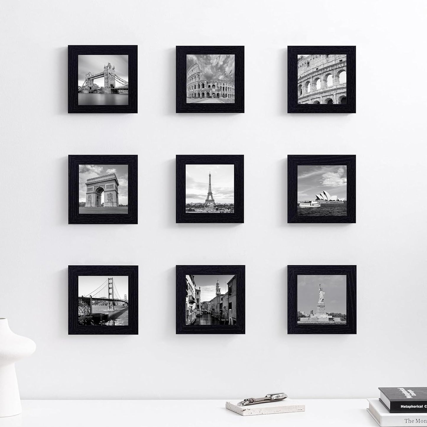 eletecpro 12x12 Picture Frames Set of 9 with Clear Acrylic Cover, Display 8x8 Photos with Mat or 12x12 Without, Classic and Sturdy Square Collage Gallery Wall Decor, Easy Wall Mount, Black