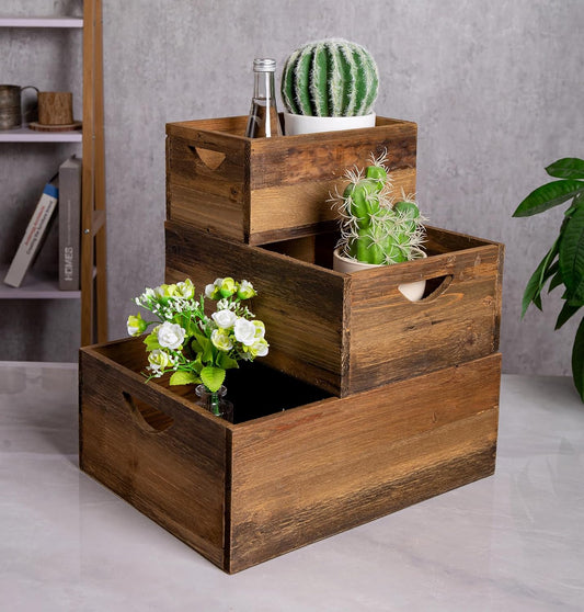 TIMRIS Set of 3 Rustic Distressed Wood Nesting Crates, Farmhouse Decorative Wooden Storage Boxes, Large Vintage Reclaimed Wood Baskets for Display (Random)