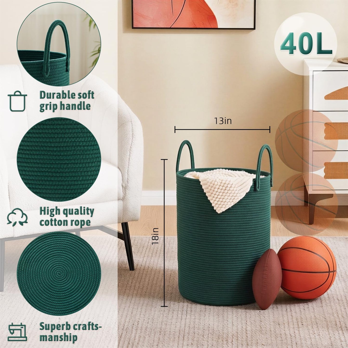 Artfeel Laundry Basket,Woven Cotton Rope Laundry Hamper,60L for Decor Storage of Dirty Clothes,Toys and Blankets in Bathroom,Baby Room and Living Room