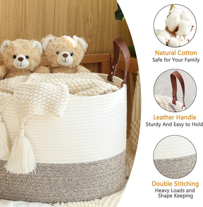 KAKAMAY Large Blanket Basket (20"x13"),Woven Baskets for storage Baby Laundry Hamper, Cotton Rope Blanket Basket for Living Room, Laundry, Nursery, Pillows, Baby Toy chest (White/Brown)