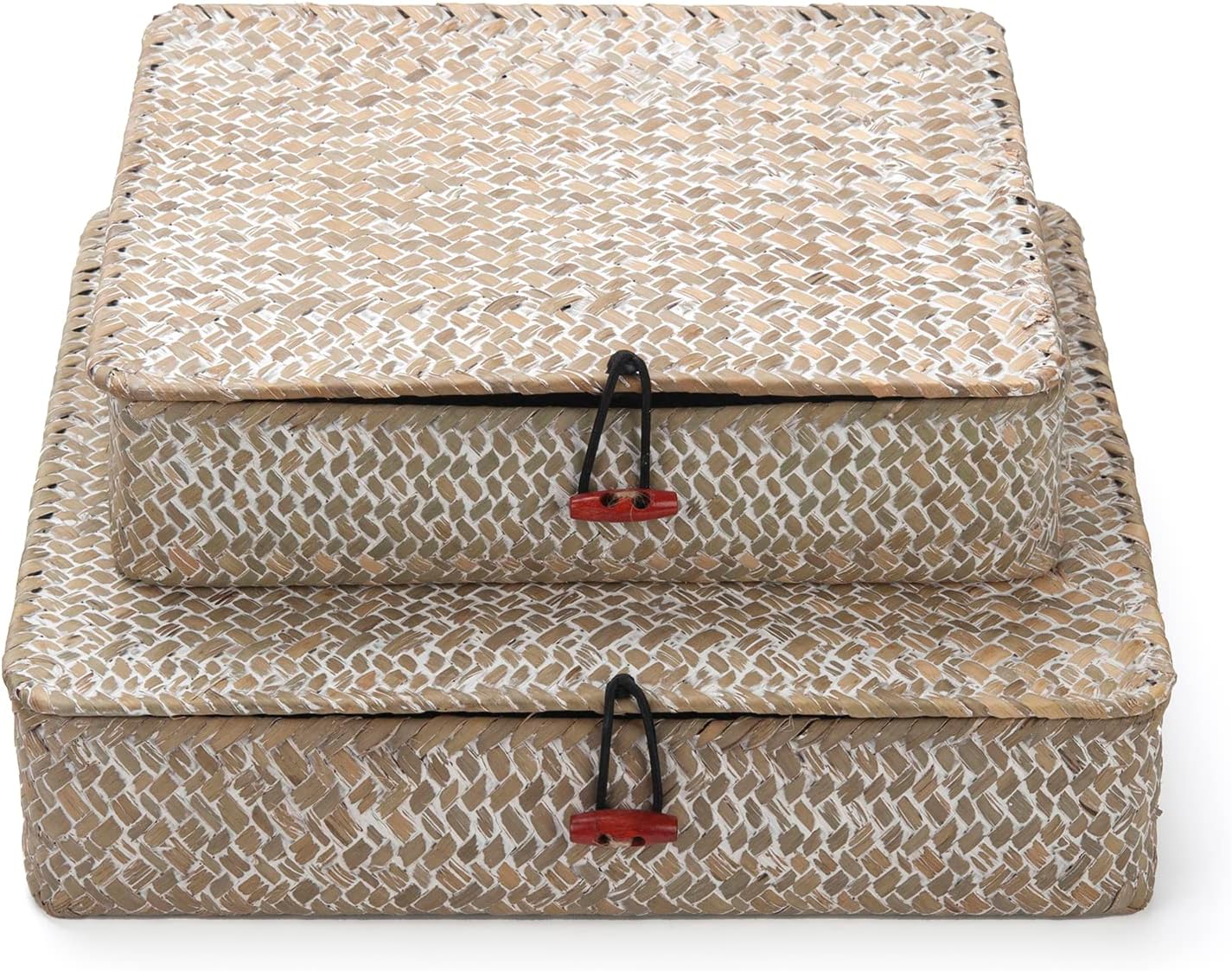 Seagrass Storage Basket Box with Lid Rectangular Woven Shelf Baskets Bins for Organize Snack Toys Set of 2 Natural Decorative(Large+Small)