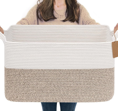 Goodpick Woven Storage Basket, Cotton Rope Basket for Dog Toys, Books, Stylish Gift Basket with Handles, 13 x 10 x 9 Inches Square Baskets for Organizing, Brown and White