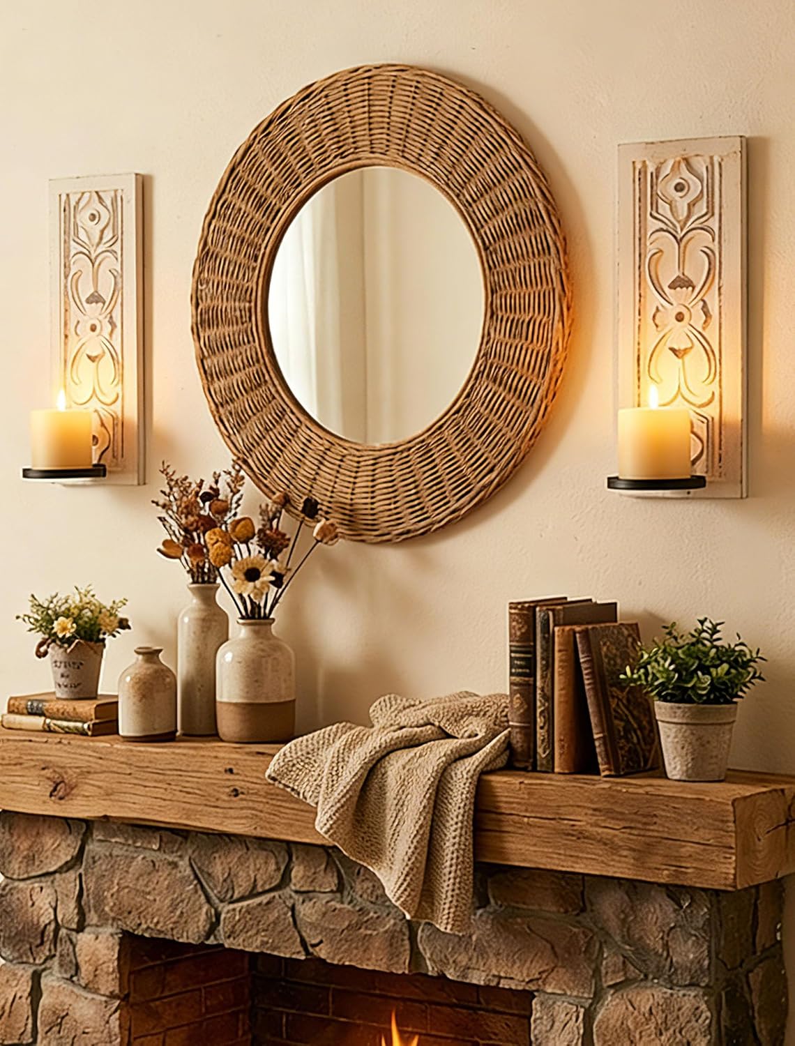 Farmhouse Wood Candle Sconces Wall Decor - Set of 2 Walasis Rustic Wall Candle Holder Decorative Carved Brown Candle Sconce Farmhouse Art Distressed Pillar Candles Holder for Fireplace Decor
