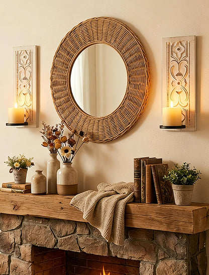 Farmhouse Wood Candle Sconces Wall Decor - Set of 2 Walasis Rustic Wall Candle Holder Decorative Carved Brown Candle Sconce Farmhouse Art Distressed Pillar Candles Holder for Fireplace Decor