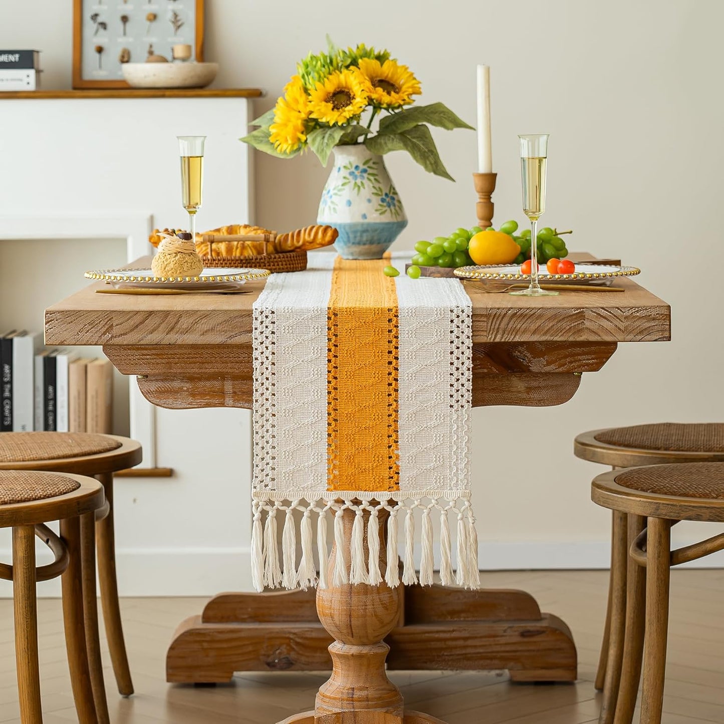 FEXIA Boho Table Runner for Thanksgiving Fall Christmas Home Decor with Tassels 72 Inches Long Pottery barn Furniture Farmhouse Rustic Macrame Burlap Table Decoration for Living Room (12x72 Inches)