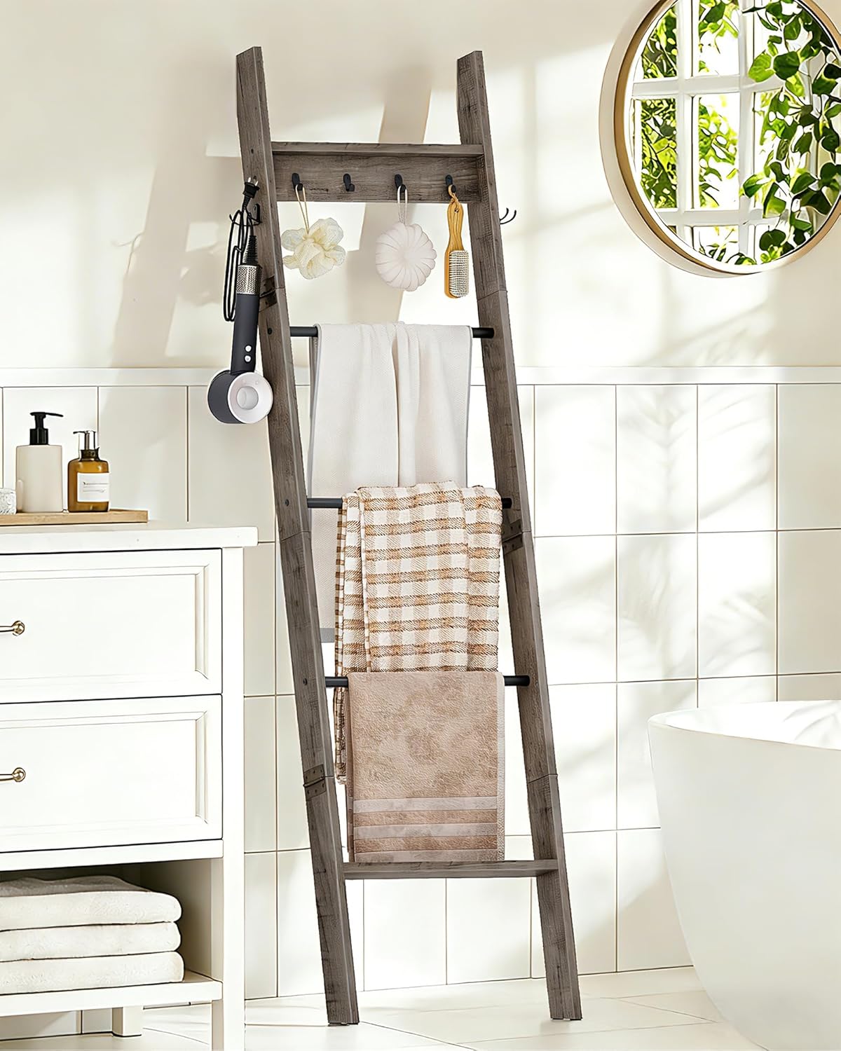 CHOEZON 5-Tier Blanket Ladder, Wooden Blanket Display Rack, Towel Ladder with Hooks, Wall Leaning Display Shelf, for Living Room, Bedroom, Balcony, Rustic Brown and Black MCJ02FG