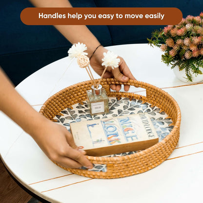 KOLWOVEN Round Rattan Tray with Handle, Rattan Serving Tray with Mother of Pearl Inlay Wooden Base, Decorative Wicker Basket for Table Decor (Blue Leaves)