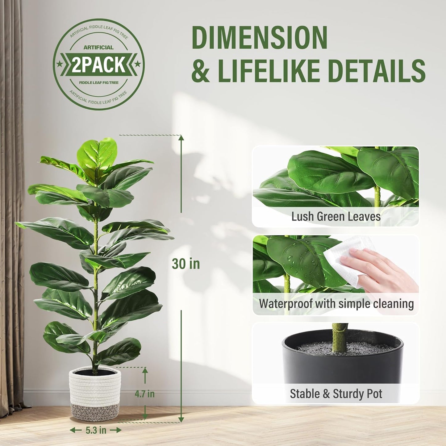 Suntee 2 Pack Artificial Fiddle Leaf Fig Tree, 30" Ficus Lyrata Fake Plants with Pots, Floor Plant Outdoor Faux Plants for Living Room, Corner, Office, Patio, Windowsill Decor