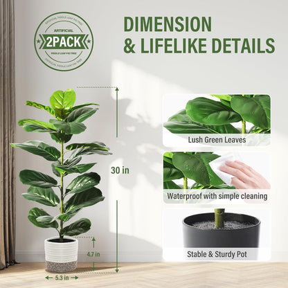 Suntee 2 Pack Artificial Fiddle Leaf Fig Tree, 30" Ficus Lyrata Fake Plants with Pots, Floor Plant Outdoor Faux Plants for Living Room, Corner, Office, Patio, Windowsill Decor