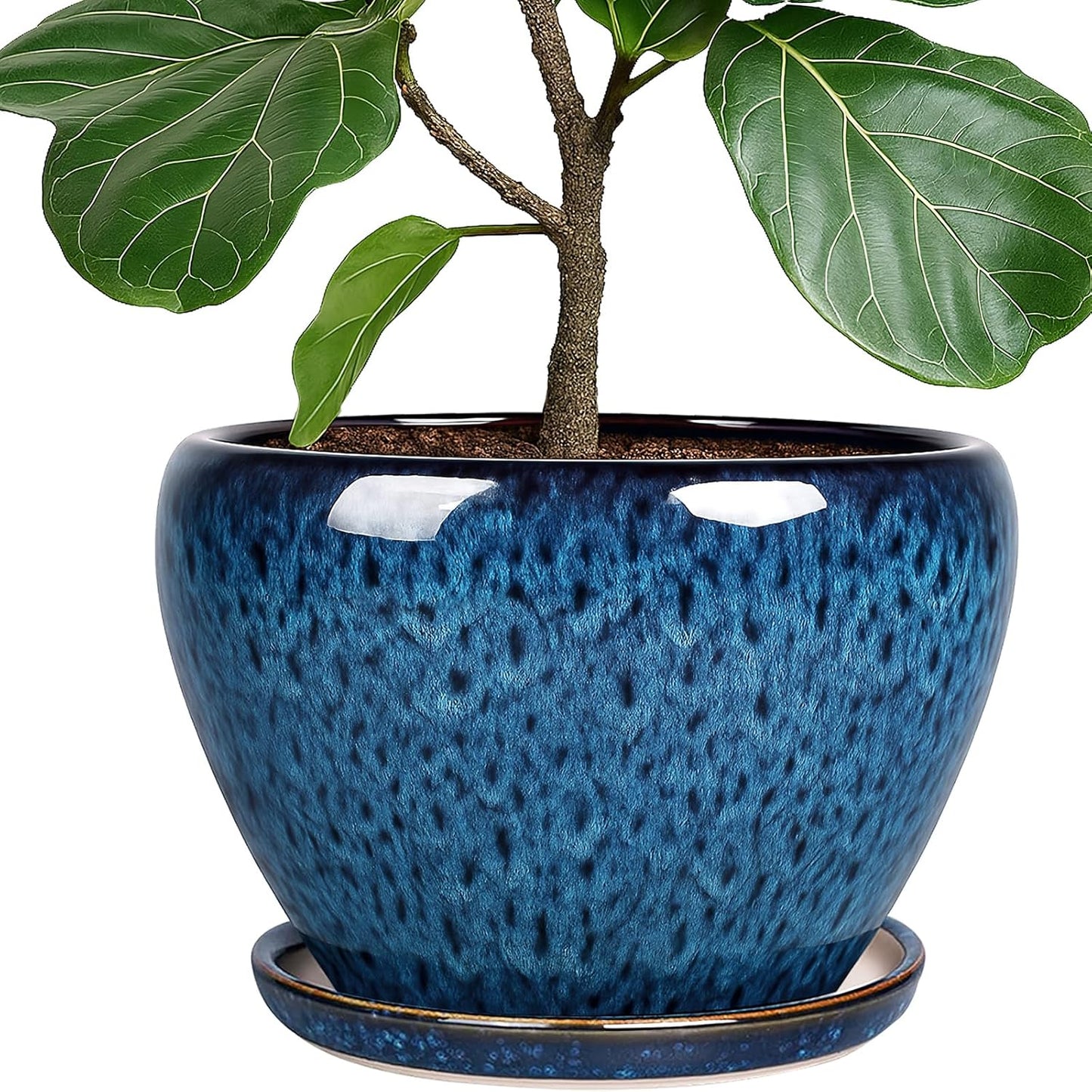 Deep Dream 6 Inch Plant Pots- Ceramic Planter Pot with Drainage Hole and Saucer, Round Flower Pot for Indoor Outdoor Succulent, Snake Plants and Cactus, Blue
