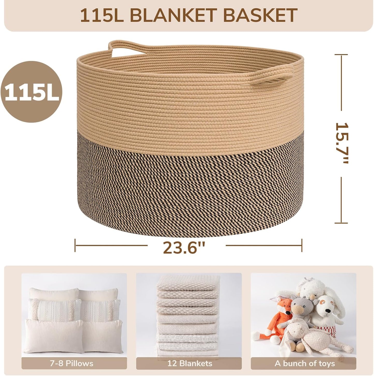 INDRESSME XXXLarge Blanket Basket for Living Room 21.7" x 21.7" x 13.8"-Storage Basket with Handle for Organizing Toy Pillows Woven Cotton Rope Laundry Basket Stuffed Animal Toy Storage for Play Room