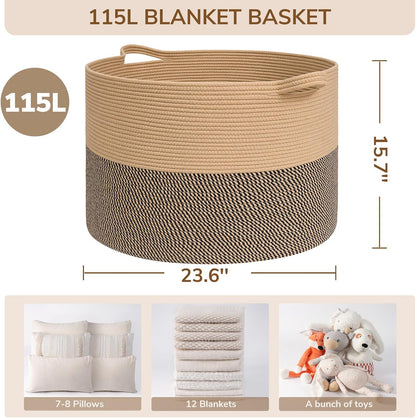 INDRESSME XXXLarge Blanket Basket for Living Room 21.7" x 21.7" x 13.8"-Storage Basket with Handle for Organizing Toy Pillows Woven Cotton Rope Laundry Basket Stuffed Animal Toy Storage for Play Room