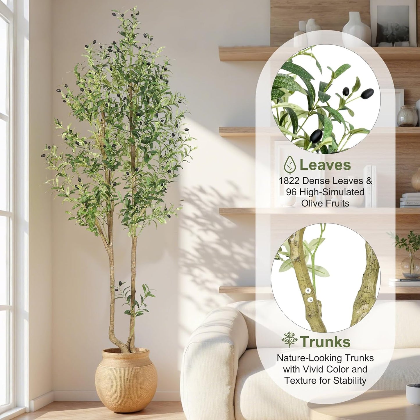 HZXGCP 6ft Artificial Olive Tree Indoor, Fake Olive Tree with White Pot, Faux Olive Tree with Dense Leaves & Realistic Fruits, Tall Artificial Plant for Home Living Room Office Entryway Decor