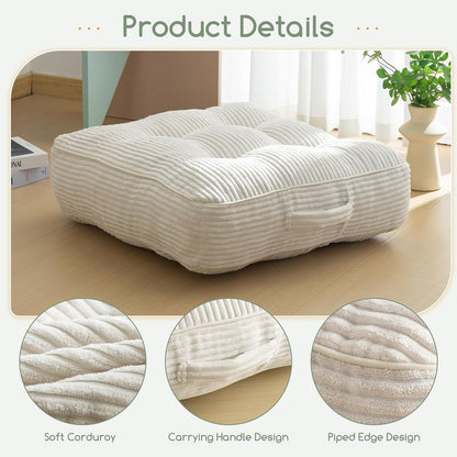 HIGOGOGO 6" Extra Thick Floor Pillow Cushion for Adults, Meditation Cushion Pillow, Large Square Floor Sitting, Tufted Corduroy Cover, for Tatami Living Room or Yoga, 22x22 Inch, 2Pack, Dark Grey