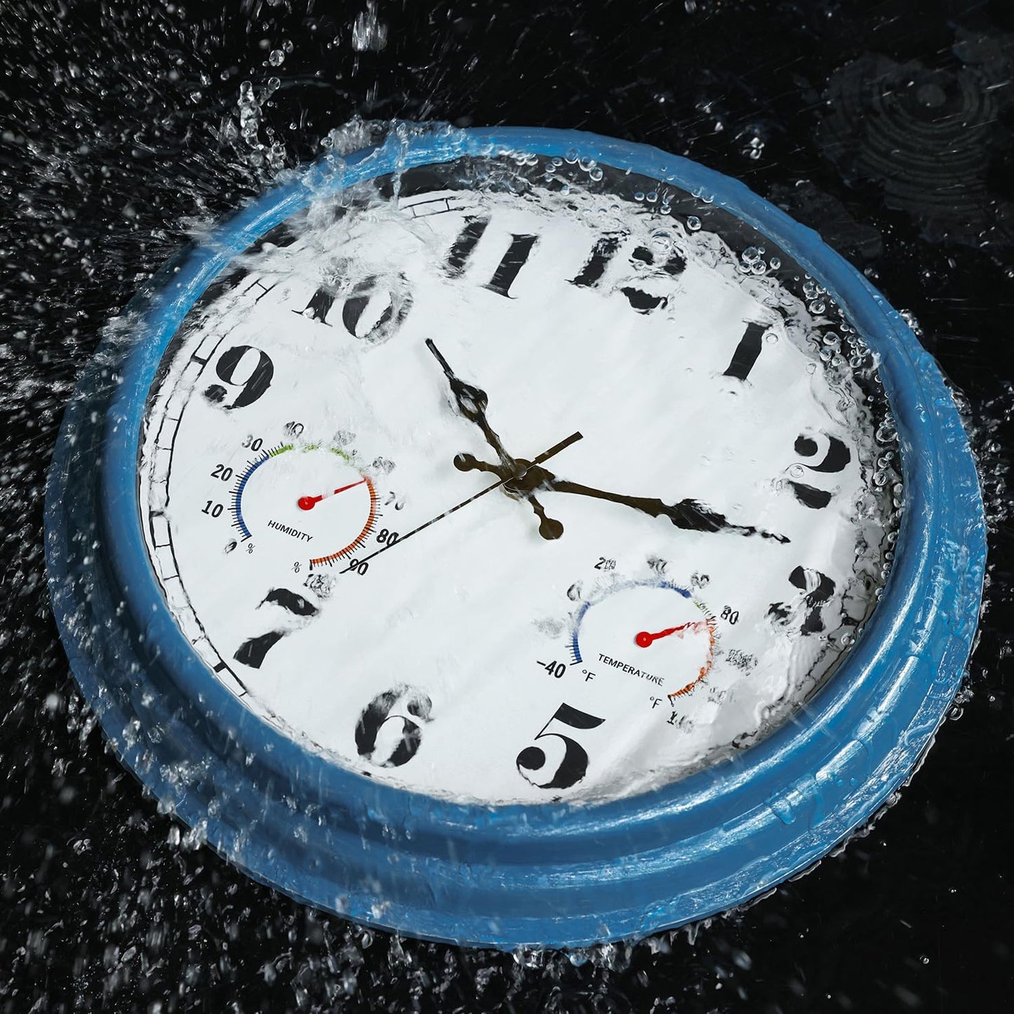 JENLYSTIME 12 Inch Indoor/Outdoor Retro Waterproof Wall Clock with Thermometer Silent Round Quartz Battery Operated Easy to Read Decorative for Kitchen Patio,Bathroom,Deck,Porch,Pool(Blue)