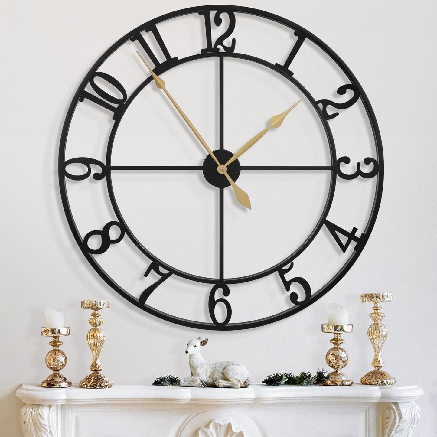 LEIKE 16" Large Wall Clocks Battery Operated, Round Modern Silent Non-Ticking Black Metal Wall Clock for Living Room Decor, Bedroom Kitchen (40cm Diameter, Black Roman Number)