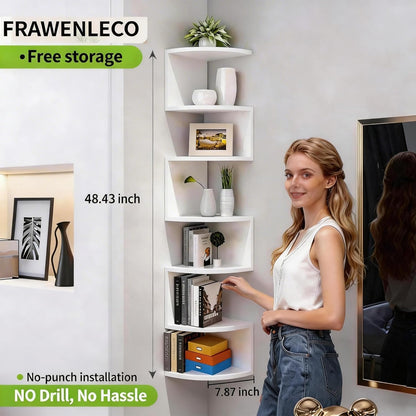 No-Drill Corner Shelf Wall Mount, 5-Tier Floating Corner Bookshelf with Hooks, Space-Saving Zigzag Plant Shelf for Bedroom, Living Room, Bathroom, Home Office