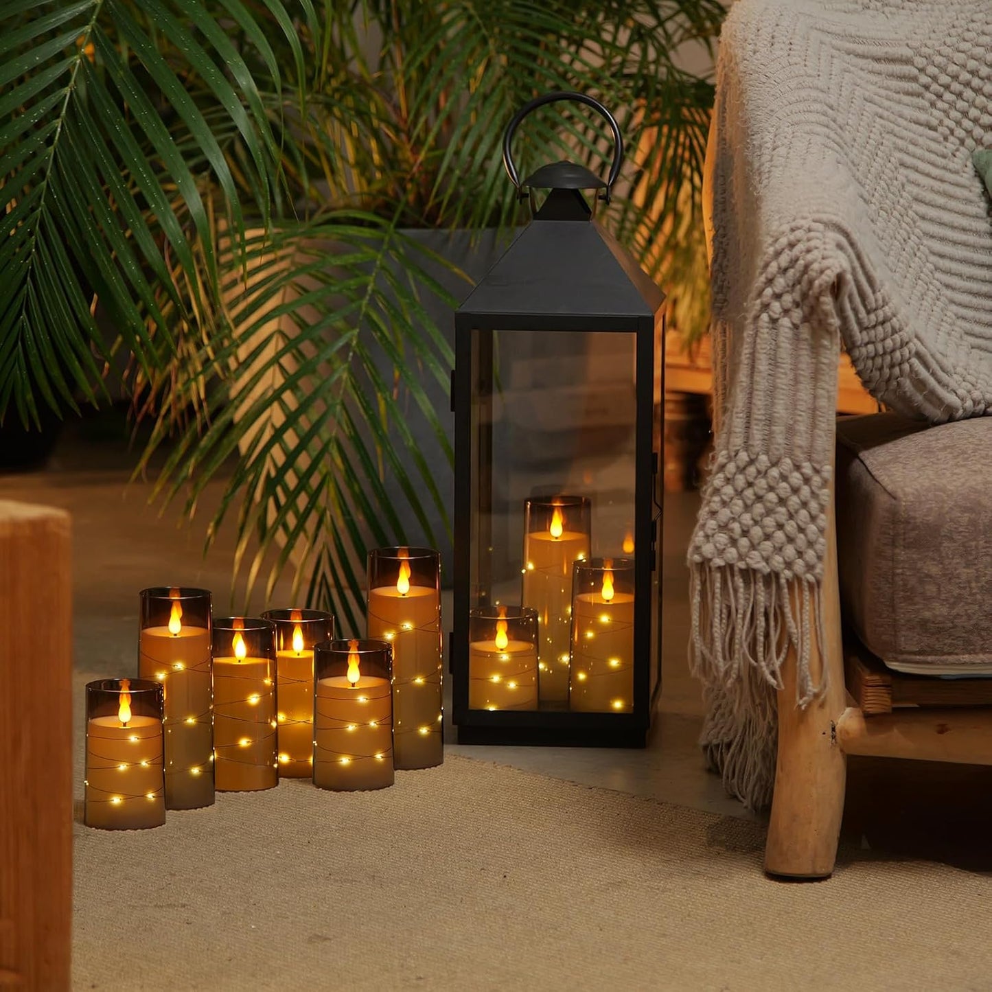 Homemory Flameless Candles with Embedded Star String Fairy Lights, Battery Operated Candles, LED Candle, Fake Candles with Remote Control and Timer for Halloween, Gray Acrylic, Set of 5(H4"5"6"8"8")