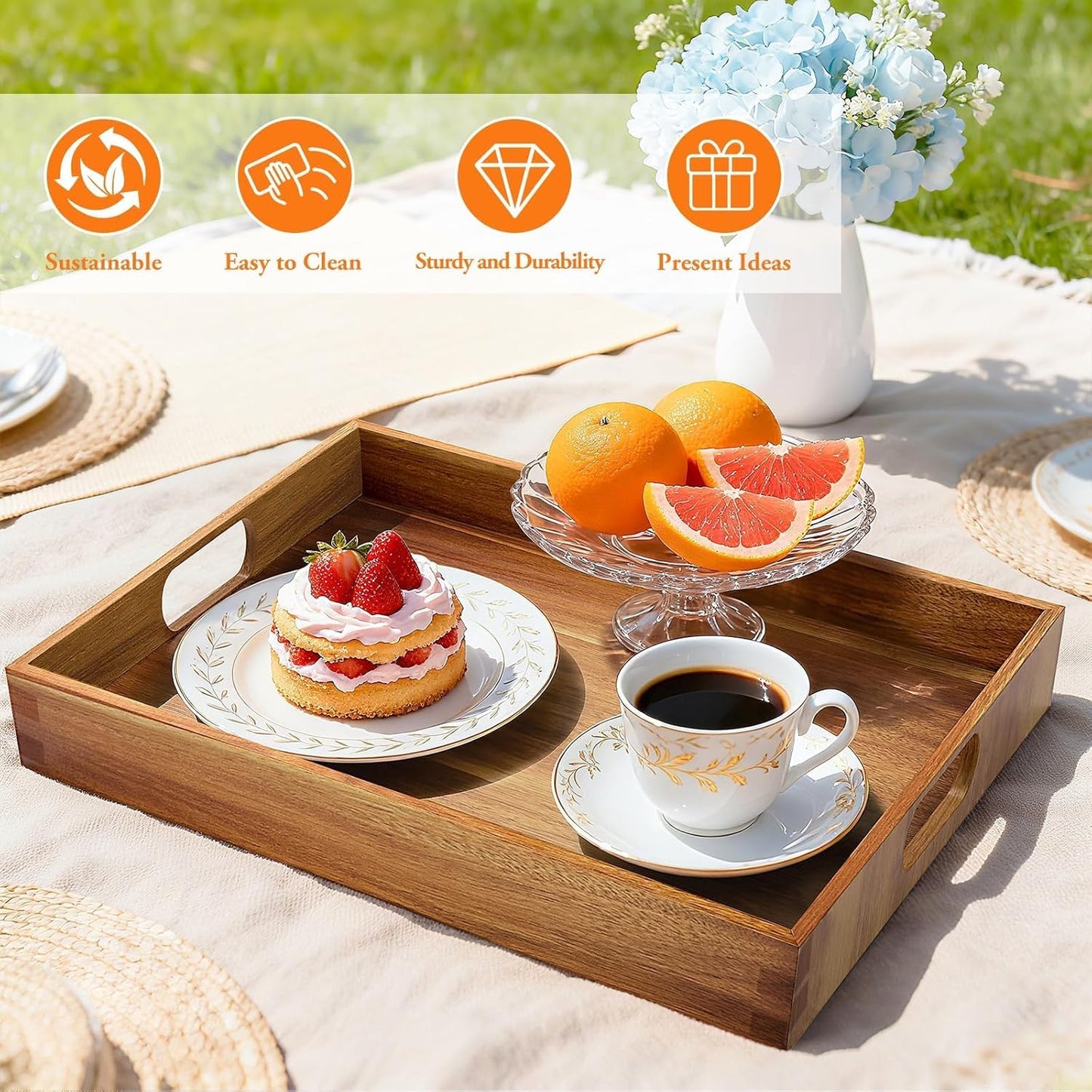 Acacia Serving Trays - 2 Pack, Acacia Wood Serving Platterss, Wood Serving Tray, Decorative Trays for Breakfast, Brunch, Dinner, Coffee Table, Party, Kitchen-M