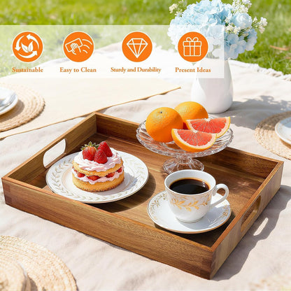 Acacia Serving Trays - 2 Pack, Acacia Wood Serving Platterss, Wood Serving Tray, Decorative Trays for Breakfast, Brunch, Dinner, Coffee Table, Party, Kitchen-M