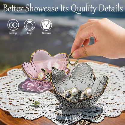 Purple Flower Jewelry Dish Glass Ring Holder Dish Jewelry Tray Cute Vanity Organizer Aesthetic Nightstand Bathroom Room Decor Trinket Dish Mothers Day Friendship Christmas Birthday Gifts for Women