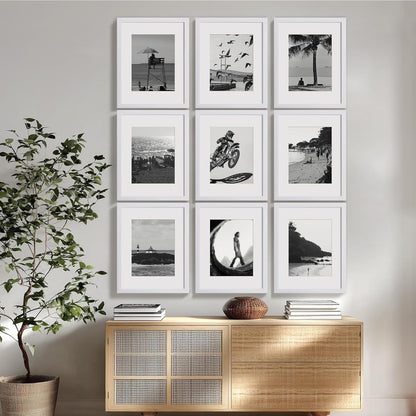 eletecpro 12x12 Picture Frames Set of 9 with Clear Acrylic Cover, Display 8x8 Photos with Mat or 12x12 Without, Classic and Sturdy Square Collage Gallery Wall Decor, Easy Wall Mount, Black