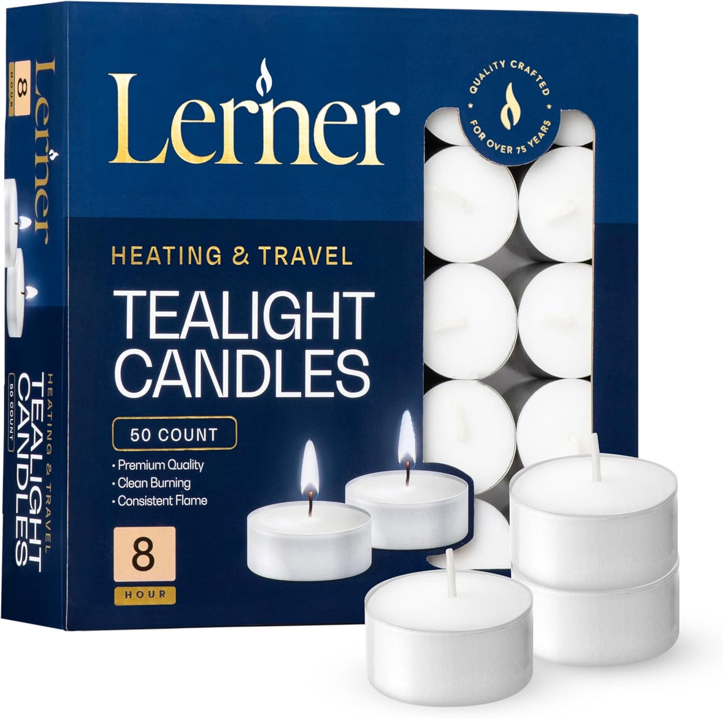 Lerner Tealight Candles, 50 Count| 4.5 Hours Long-Burning White Tea Light Candles| Non-Toxic, Smokeless & Soot-Free Tea Light Warmer Candles | Unscented Party, Décor, Shabbat Tea Candles