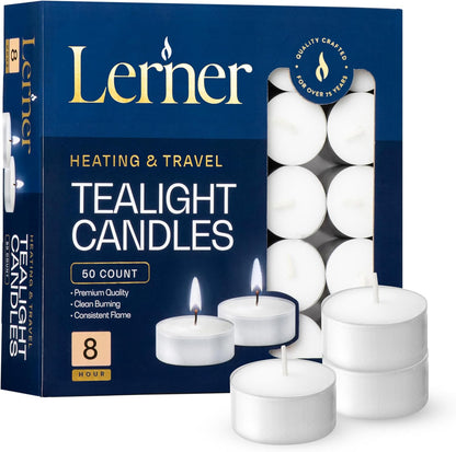 Lerner Tealight Candles, 50 Count| 4.5 Hours Long-Burning White Tea Light Candles| Non-Toxic, Smokeless & Soot-Free Tea Light Warmer Candles | Unscented Party, Décor, Shabbat Tea Candles