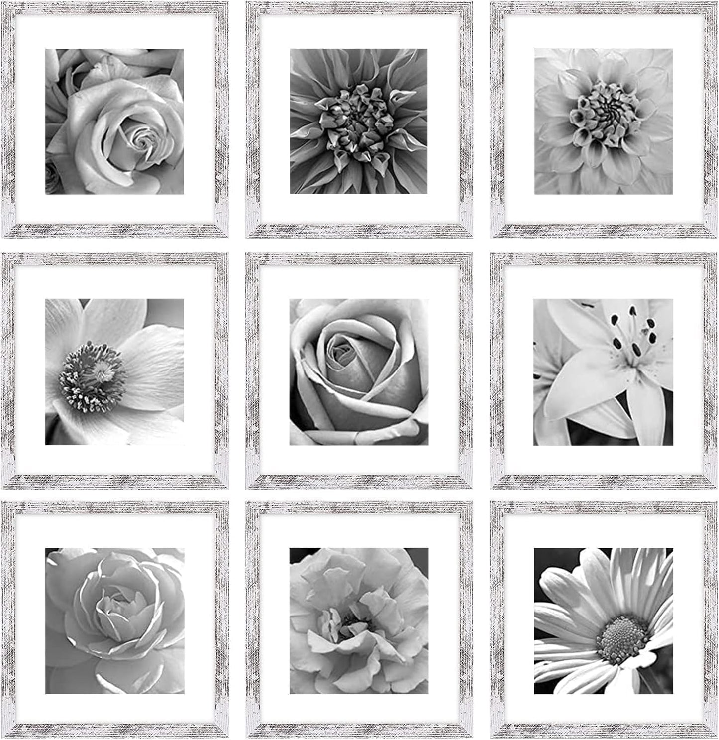 eletecpro 12x12 Picture Frames Set of 9 with Clear Acrylic Cover, Display 8x8 Photos with Mat or 12x12 Without, Classic and Sturdy Square Collage Gallery Wall Decor, Easy Wall Mount, Black
