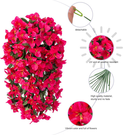 Faux Bougainvillea Artificial Flowers Plants for Outdoor Outside Decoration, 2 PCS Red Fake Flowers UV Resistant Look Real Silk Long Trailing Vines for Front Door Porch Planter Urn Patio Garden Yard