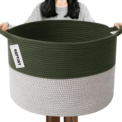 Large Woven Blanket Basket,65L Cotton Rope Laundry Basket Hamper with Handles, Decorative Nursery Basket Storage Bin for Toys, Clothes Organizer, Living Room, Bedroom, Bathroom, White & Brown