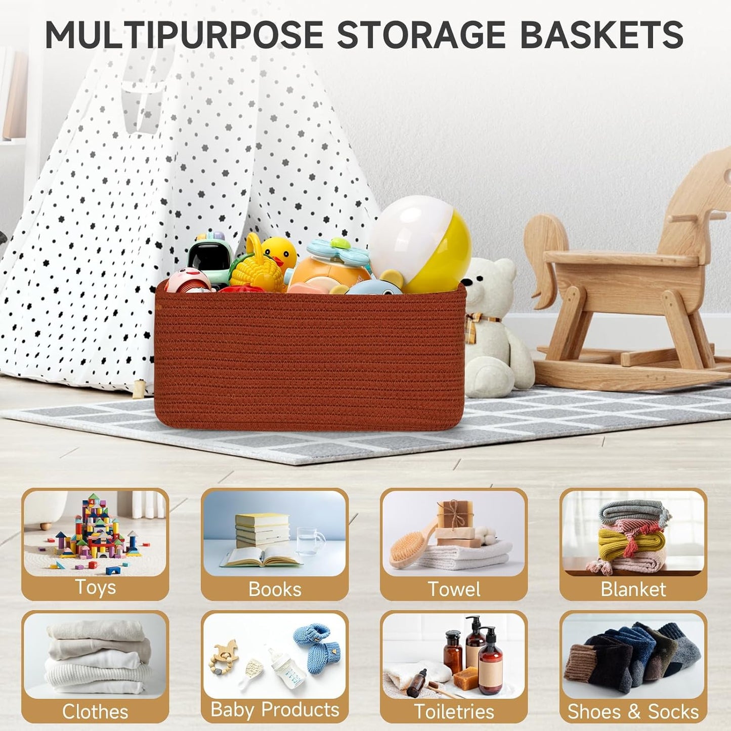3-Pack Small Storage Baskets for Organizing | Woven Shelf Toy Basket | Rope Baskets for Gifts Empty | Closet Organizer Bins with Handles | Cube Decorative Box | 11.8×7.8×5.1” | Mixed brown