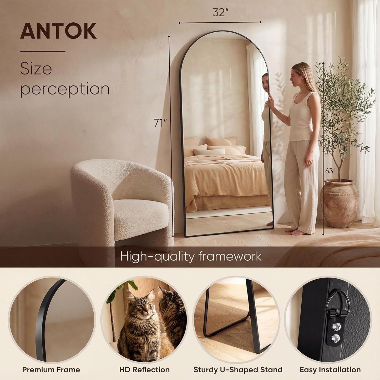 Antok 71" x28” Arched Full Length Floor Mirror, Black Aluminum Frame, Free Standing/Wall Mount/Leaning for Bedroom, Living Room, Dressing Room