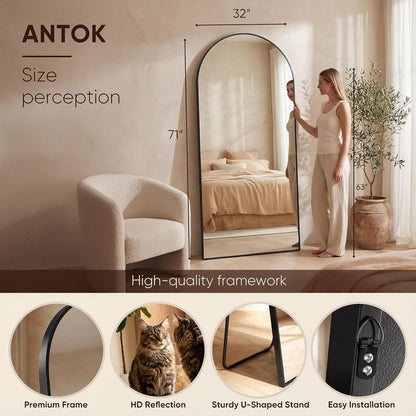 Antok 71" x28” Arched Full Length Floor Mirror, Black Aluminum Frame, Free Standing/Wall Mount/Leaning for Bedroom, Living Room, Dressing Room