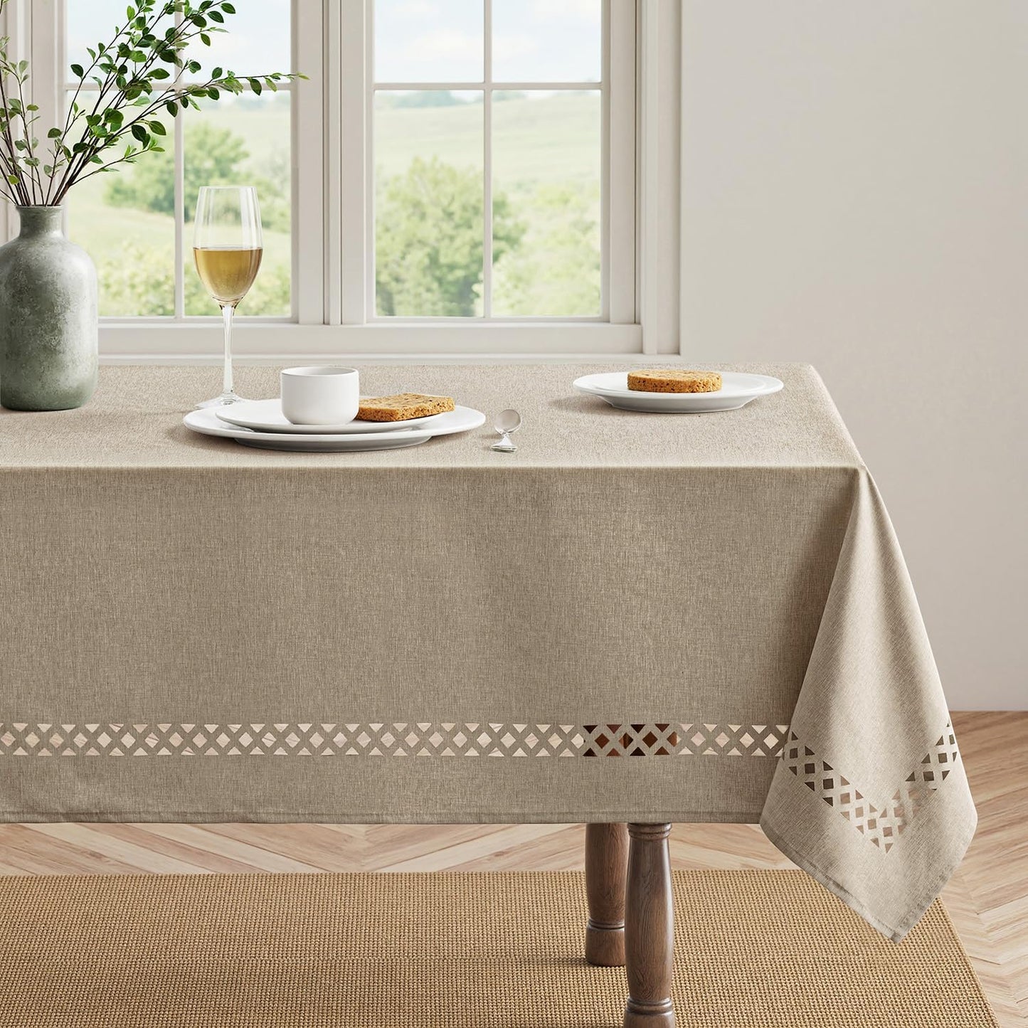 MIULEE Beige Rectangle Linen Polyester Tablecloth with Decorative Cutouts Spring Waterproof Stain Resistant & Shrink-Proof Table Cloth 52x70 inch Farmhouse Style for Dining Wedding and Outdoor