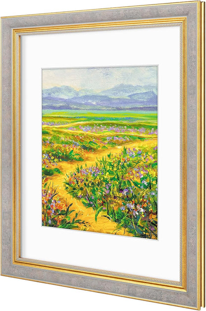 Golden State Art,11x14 Ornate Picture Frame for 8x10 Photo with Mat or 11 x 14 Prints without Mat,Real Glass Wall Display(Color:Green Gold)