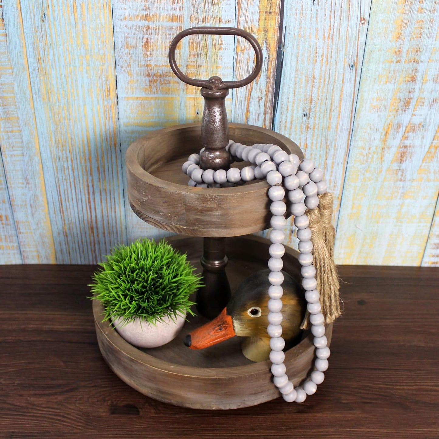 CVHOMEDECO. Wood Beads Garland with Tassels Farmhouse Rustic Wooden Prayer Bead String Wall Hanging Accent for Home Festival Decor. Mix Distressed