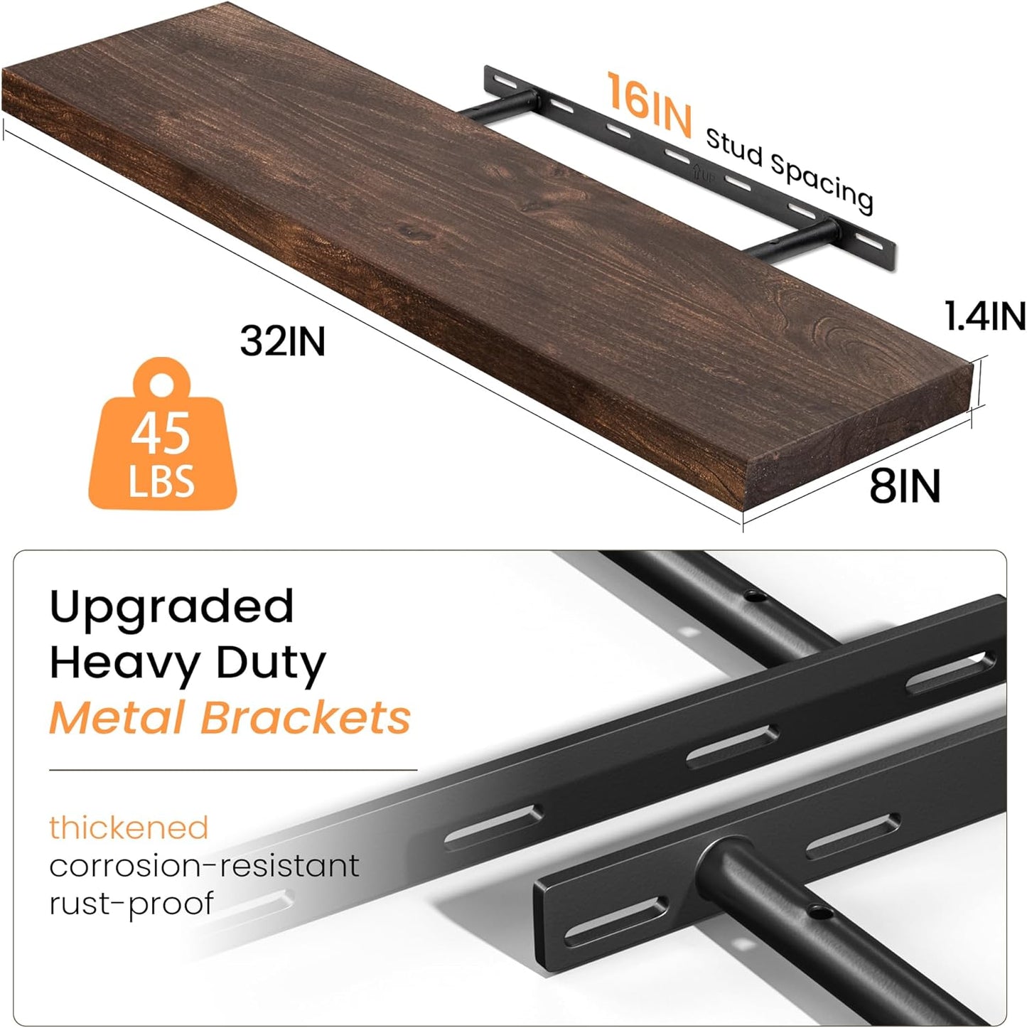 Floating Shelves 36 Inches Long - 8 Inch Deep Rustic Premium Solid Pine Wood for Storage - Farmhouse Wall Mounted for Living Room - Heavy-Duty Metal Bracket - 36" W x 8" D - Set of 2 - White Color