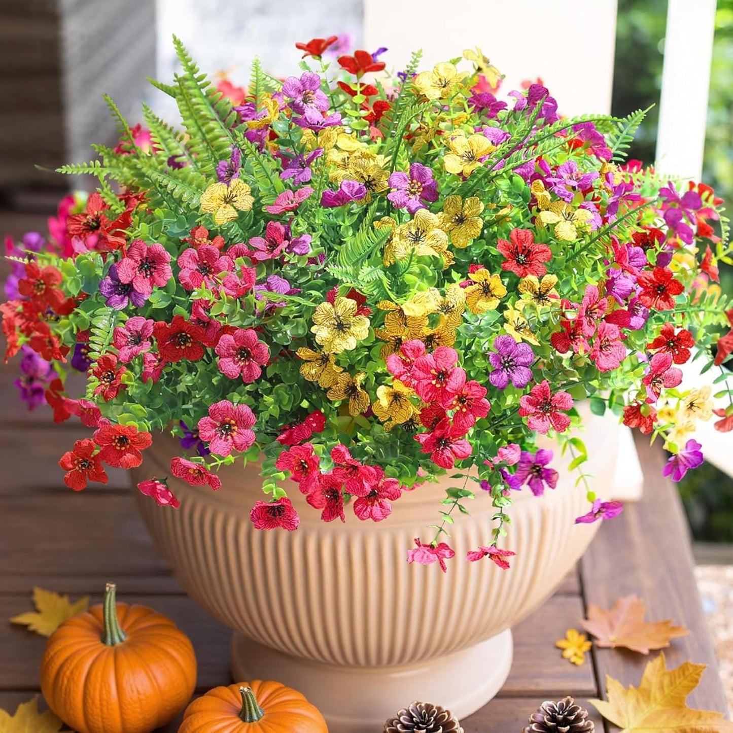 HyeFlora Artificial Flowers for Outdoor Indoor Garden Home Decoration, Faux Flower Daisy with Eucalyptus Leaves Fake Plants Greenery Boxwood Porch Patio, 12 Bundles (Mix Pink Red Purple Yellow)