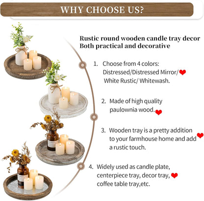 Hanobe Candle Plate Holder Tray: Round Wood Decorative Candle Plate - Rustic Farmhouse CoffeeTable Decor - Tealight Pillar Trays for Home Decor (Distressed)