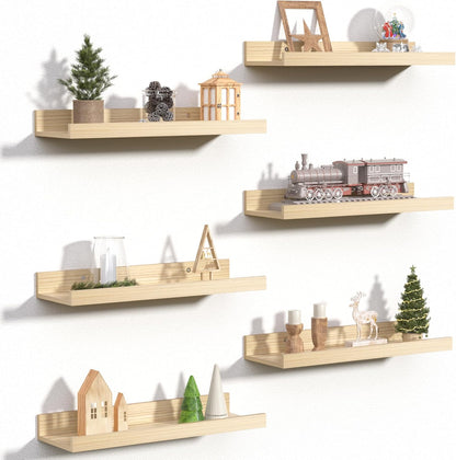 upsimples 6 Pack Wooden Floating Shelves, Wall Storage Decor Shelf for Bathroom, Bedroom, Living Room, Kitchen, Office and Laundry Room, Wall Mounted Display Hanging Shelf, Brown