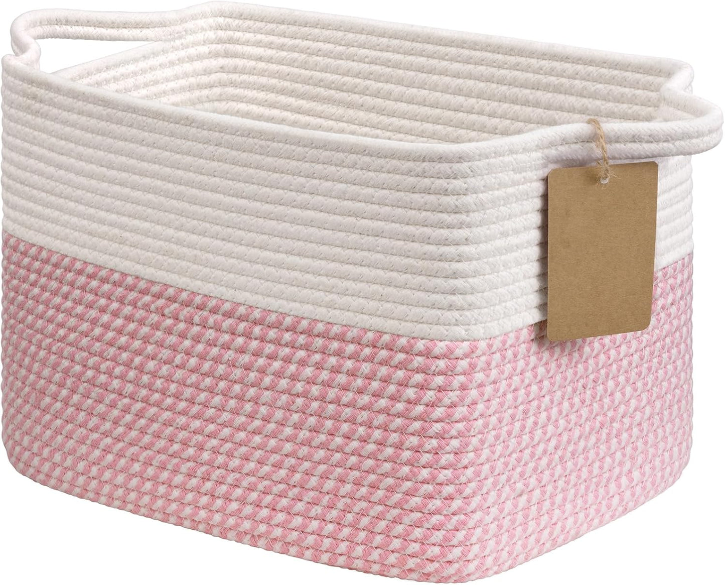 Goodpick Woven Storage Basket, Cotton Rope Basket for Dog Toys, Books, Stylish Gift Basket with Handles, 13 x 10 x 9 Inches Square Baskets for Organizing, Brown and White