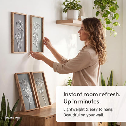 3D Floral Green Wall Art (Set of 2) Lightweight, Wooden Ready-to-Hang Boho Framed Wall Art for Bathroom, Bedroom, Living Room or Office – Premium Sage Green Farmhouse Decor – Gift-Boxed