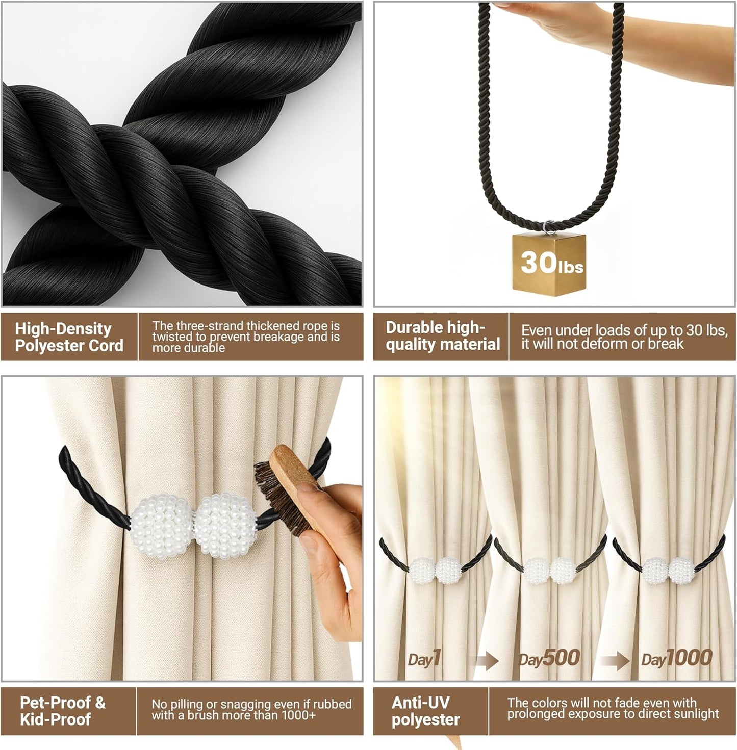 Hion Magnetic Curtain Tiebacks Black 2pcs, Curtain Tiebacks Buckles Holdbacks Holders Hooks Clip for Home Outdoor Bedroom Office Decorative Curtain