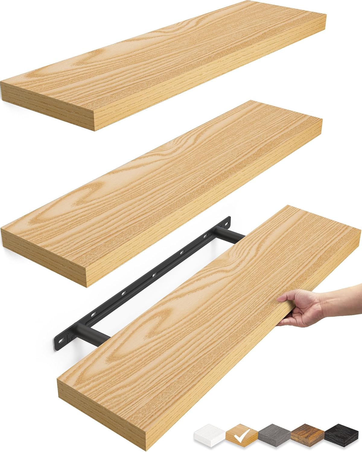 BAYKA Floating Shelves for Wall, Set of 3, Wall Mounted Rustic Wood Shelves for Bathroom, Bedroom, Living Room, Kitchen, Small Hanging Shelf for Books/Storage/Room Decor, Walnut-Like, 15.7in