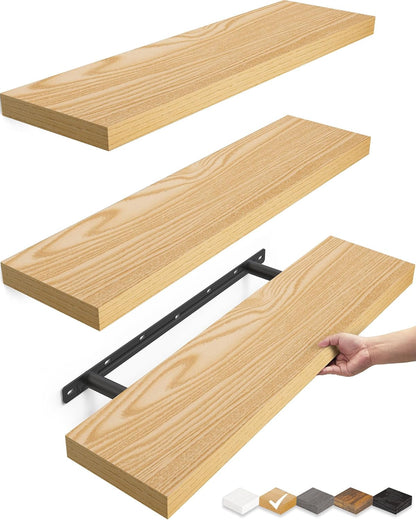 BAYKA Floating Shelves for Wall, Set of 3, Wall Mounted Rustic Wood Shelves for Bathroom, Bedroom, Living Room, Kitchen, Small Hanging Shelf for Books/Storage/Room Decor, Walnut-Like, 15.7in