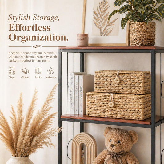 LUSYDECO Set of 2 Rectangular Wicker Storage Bins with Lid, Rattan Basket Decorative Boxes, Multipurpose Organizer Display Boxes for Shelf Organizer, Boho Rattan Box for Home Decoration