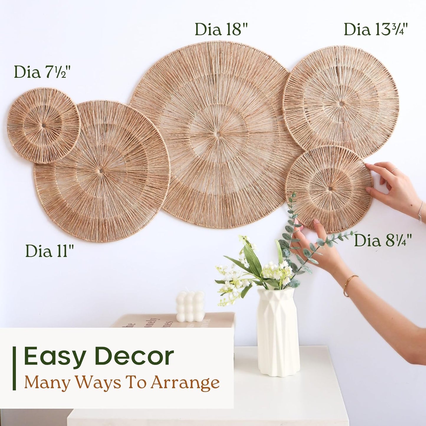 CHI AN HOME Wicker 23 Inch Jute Wall Decor Baskets, Set of 6 Extra Large Woven Jute Wall Plates, 23",21",15",13",12,10", Decorative Baskets for Wall Arts, Wall Hanging for Bedroom, Living Room, Office