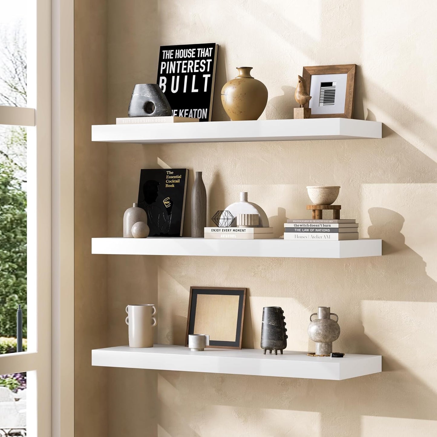 Floating Shelves 36 Inches Long - 8 Inch Deep Rustic Premium Solid Pine Wood for Storage - Farmhouse Wall Mounted for Living Room - Heavy-Duty Metal Bracket - 36" W x 8" D - Set of 2 - White Color