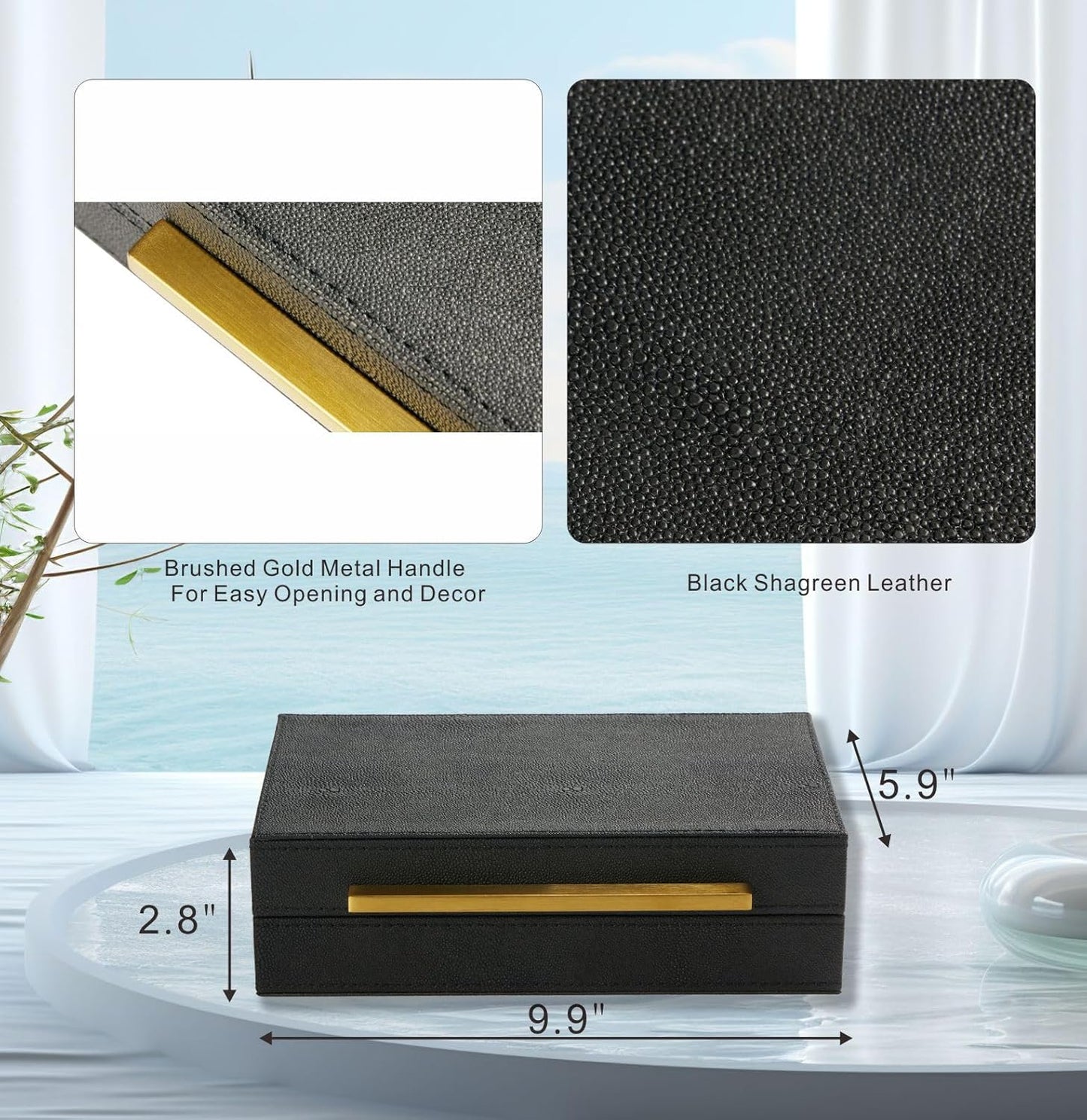 Sagala Set of 2 Ivory Shagreen Decorative Boxes With Brushed Gold Metal Handles, Faux Leather Jewelry Boxes Modern Storages Photo Memory Boxes Home Organizer Boxes (Ivory-Gold, 2pack)